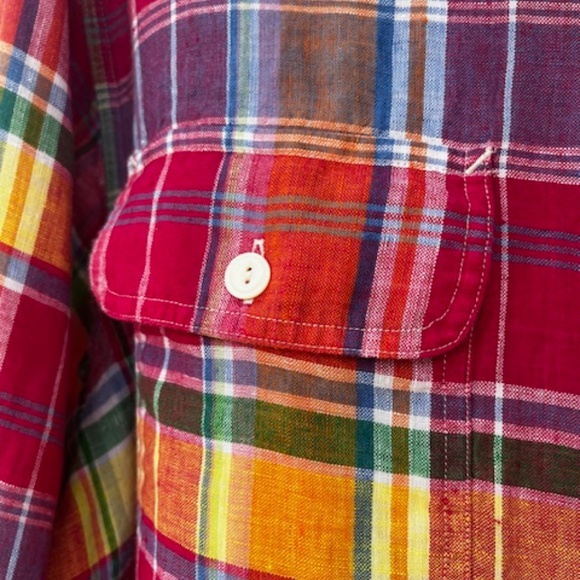 Men's POLO - Ralph Lauren - Bright Multi Colored Plaid Linen L. S. Shirt - L - Picture 4 of 12